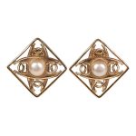 Vintage Chanel Gold Tone CC Square Pearl Earrings