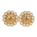 Vintage Chanel CC Logo Pearl Circle Gold Earrings
