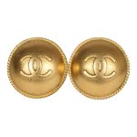 Vintage Chanel CC Round Button Clip On Earrings Gold Metal