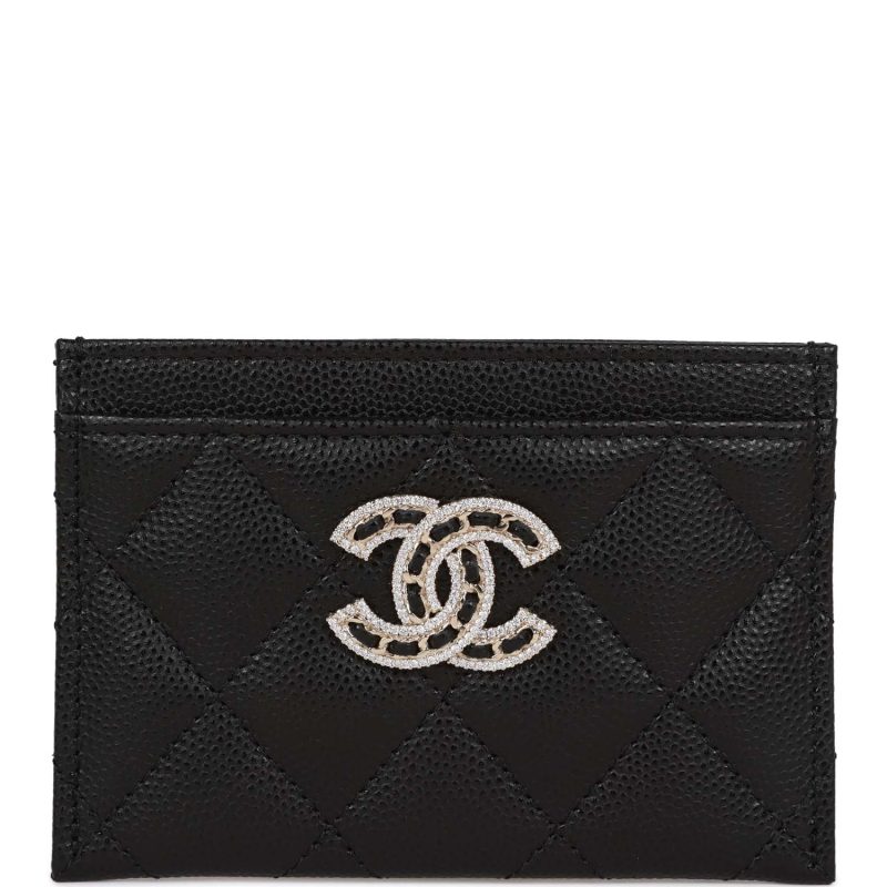 Chanel Card Holder Wallet Black Caviar Crystal and Light Gold Hardware