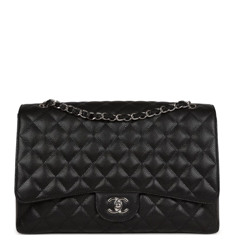 Pre-owned Chanel Maxi Classic Single Flap Bag Black Caviar Silver Hardware