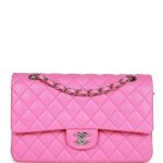 Chanel Medium Classic Double Flap Bag Neon Pink Lambskin Silver Hardware