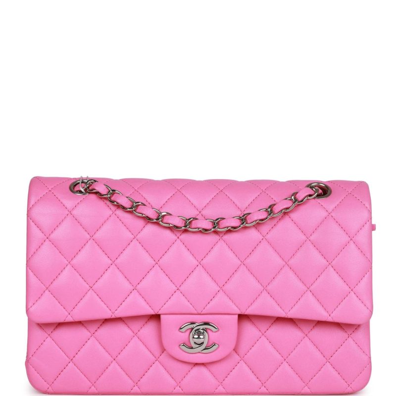 Chanel Medium Classic Double Flap Bag Neon Pink Lambskin Silver Hardware