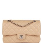 Chanel Medium Classic Double Flap Bag Beige Caviar Silver Hardware