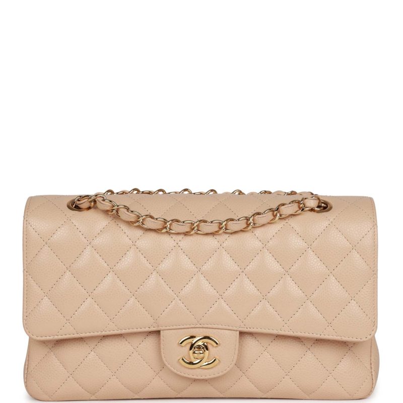 Pre-owned Chanel Medium Classic Double Flap Bag Beige Caviar Gold Hardware