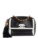 Vintage Chanel Fringe Chain Camera Bag Navy and White Lambskin Gold Hardware